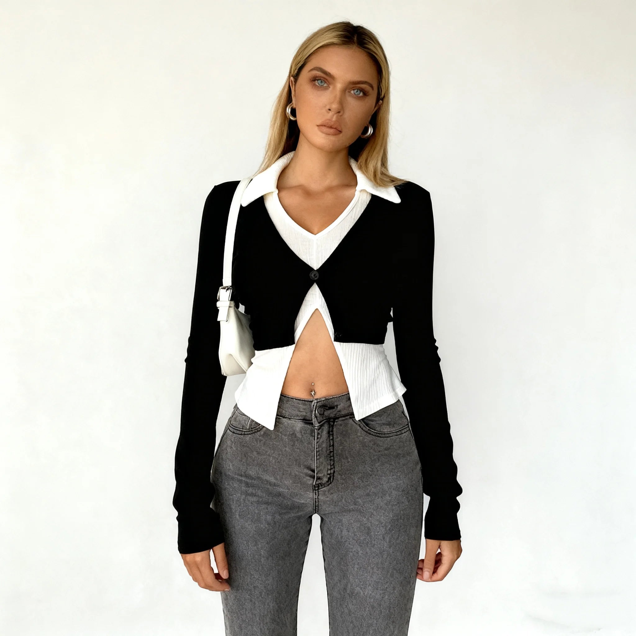 Color Contrast Base Shirt Lapel Long Sleeve T-shirt Fashionable Long Sleeve Short Top - Zeprah