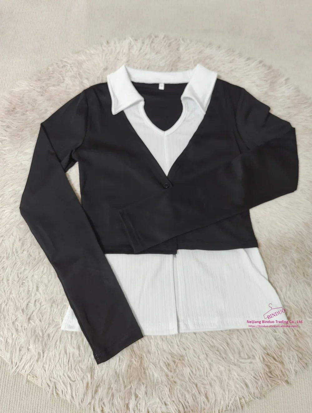 Color Contrast Base Shirt Lapel Long Sleeve T-shirt Fashionable Long Sleeve Short Top - Zeprah