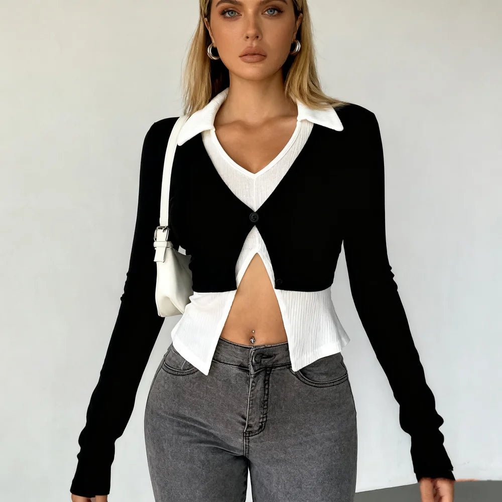 Color Contrast Base Shirt Lapel Long Sleeve T-shirt Fashionable Long Sleeve Short Top - Zeprah