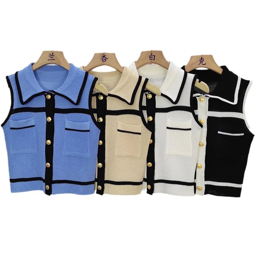 Color Contrast Tank Top for Women Single - breasted Cropped Turndown Going Out Tops - Zeprah