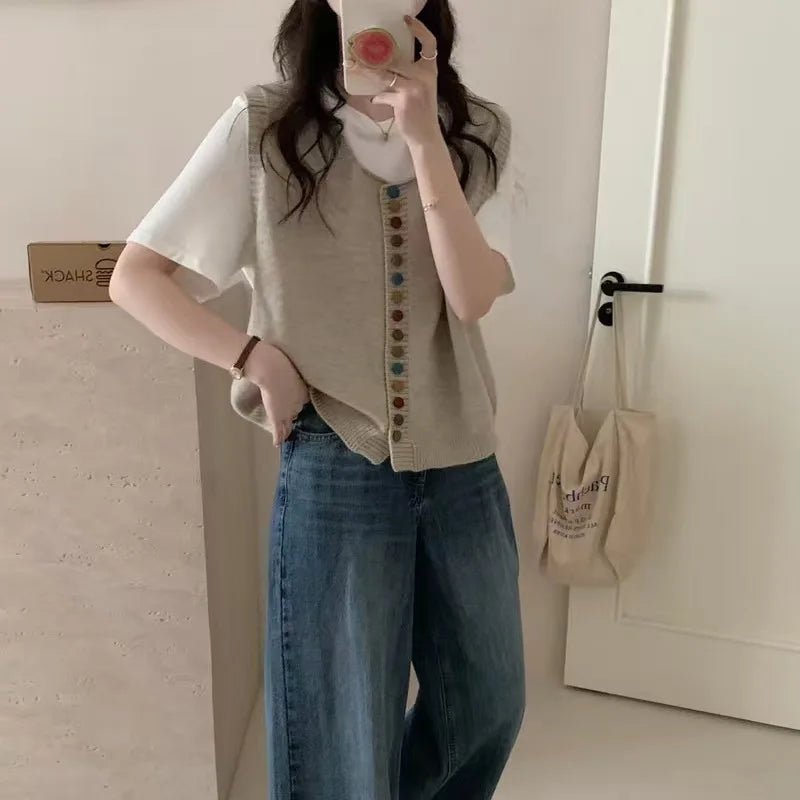 Colorful Button Knitted Casual Eco - Friendly Vest for Women Artistic Retro Soft Neck Layered Cardigan Outerwear - Zeprah