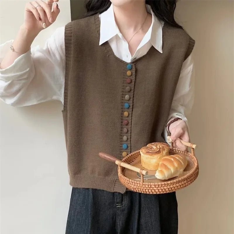 Colorful Button Knitted Casual Eco - Friendly Vest for Women Artistic Retro Soft Neck Layered Cardigan Outerwear - Zeprah