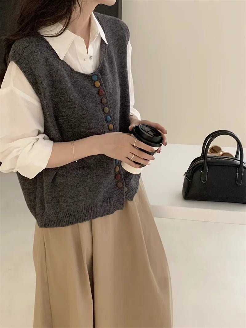 Colorful Button Knitted Casual Eco - Friendly Vest for Women Artistic Retro Soft Neck Layered Cardigan Outerwear - Zeprah