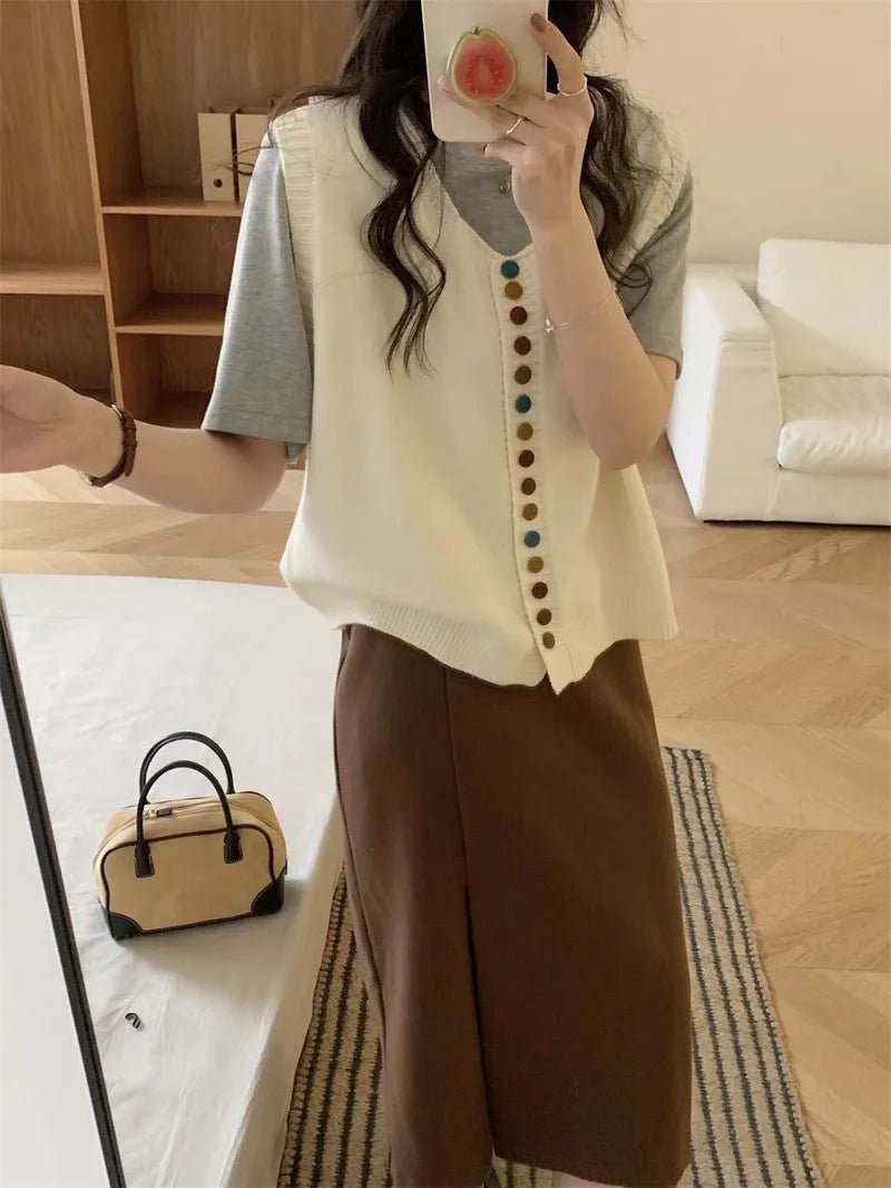 Colorful Button Knitted Casual Eco - Friendly Vest for Women Artistic Retro Soft Neck Layered Cardigan Outerwear - Zeprah