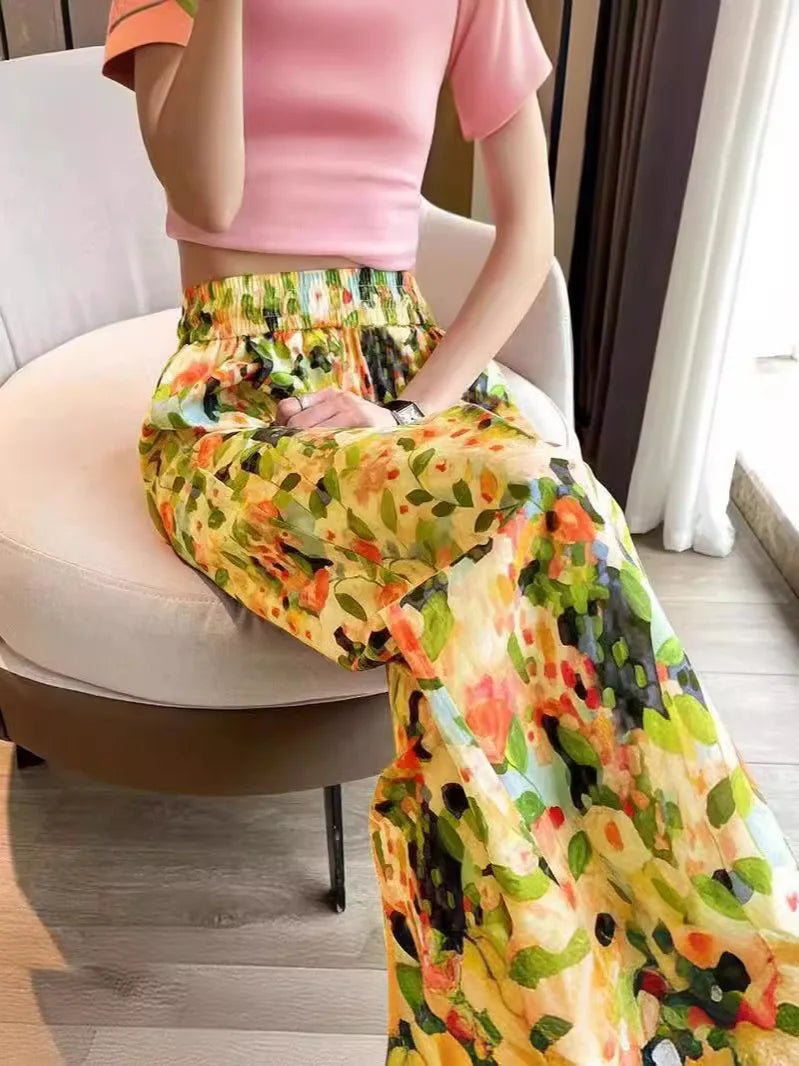 Colorful Slacks Printed Elastic Waist Wide - Leg Trousers Contrasting Colors Trousers - Zeprah