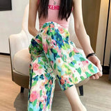 Colorful Slacks Printed Elastic Waist Wide - Leg Trousers Contrasting Colors Trousers - Zeprah