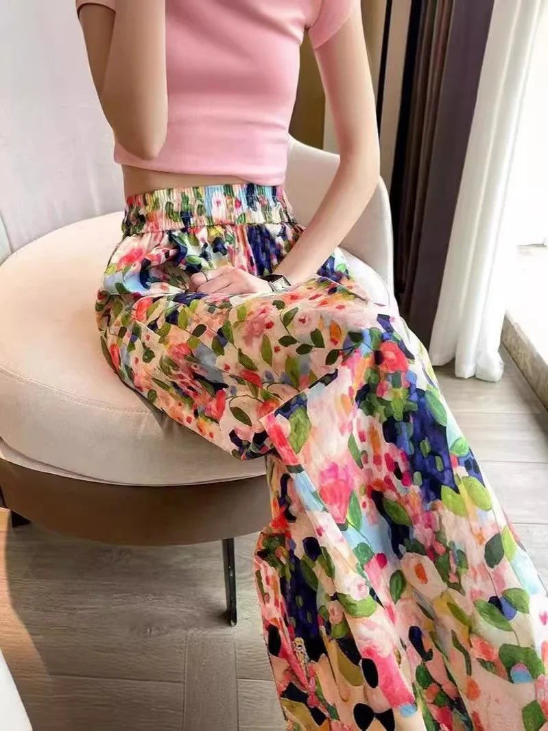 Colorful Slacks Printed Elastic Waist Wide - Leg Trousers Contrasting Colors Trousers - Zeprah