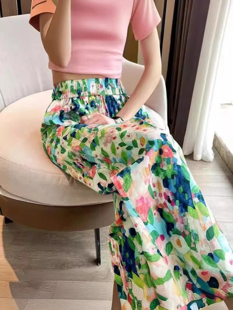 Colorful Slacks Printed Elastic Waist Wide - Leg Trousers Contrasting Colors Trousers - Zeprah