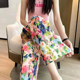 Colorful Slacks Printed Elastic Waist Wide - Leg Trousers Contrasting Colors Trousers - Zeprah