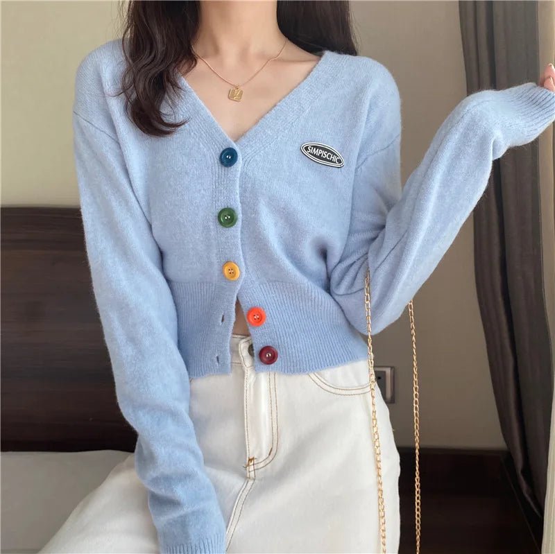 Coloured Button Knit Cardigan V - neck Cardigan Versatile Sweater Outerwear - Zeprah