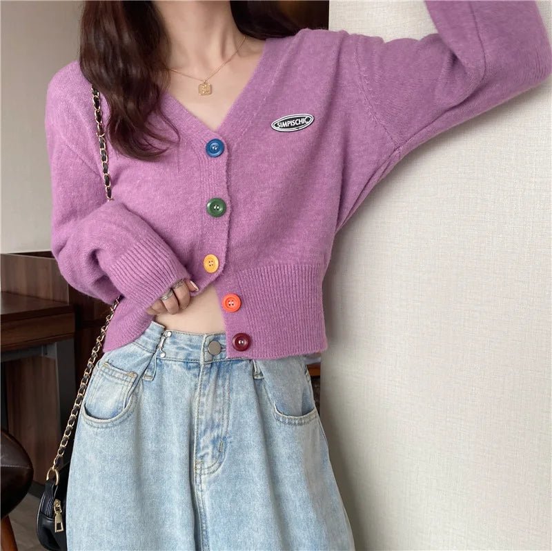 Coloured Button Knit Cardigan V - neck Cardigan Versatile Sweater Outerwear - Zeprah