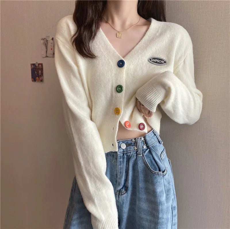 Coloured Button Knit Cardigan V - neck Cardigan Versatile Sweater Outerwear - Zeprah