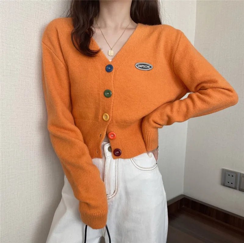 Coloured Button Knit Cardigan V - neck Cardigan Versatile Sweater Outerwear - Zeprah
