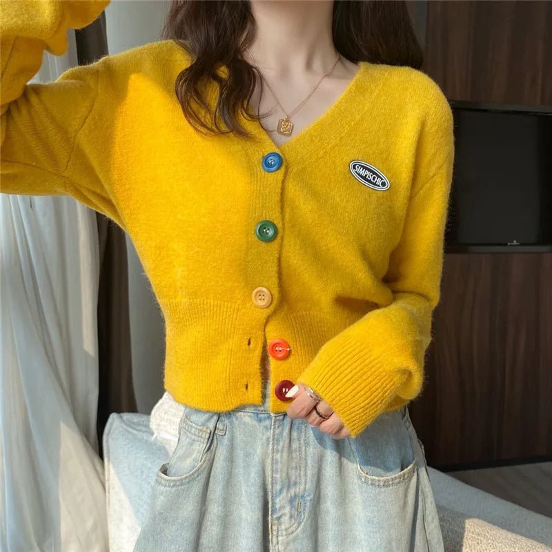 Coloured Button Knit Cardigan V - neck Cardigan Versatile Sweater Outerwear - Zeprah