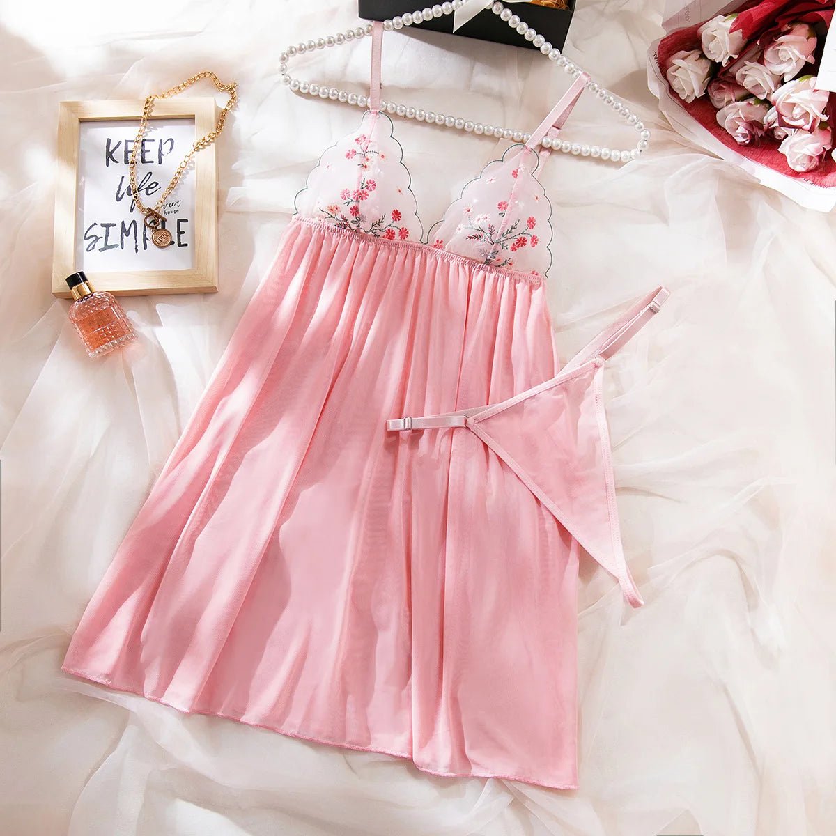Comfortable Sheer Skin Whitening Two - Piece Set Pink Embroidered Deep V Sexy Womens Sexy Underwear - Zeprah