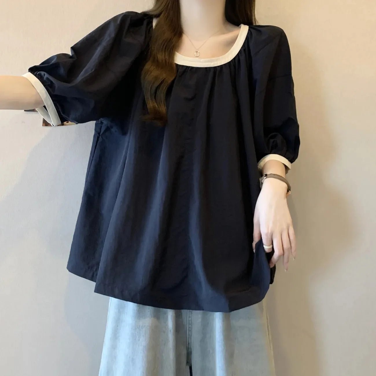 Contrast Color Puff Sleeve 2025 Summer Loose Women's Crewneck Fashionable Short Sleeve T-Shirt Slimming Women's Top - Zeprah