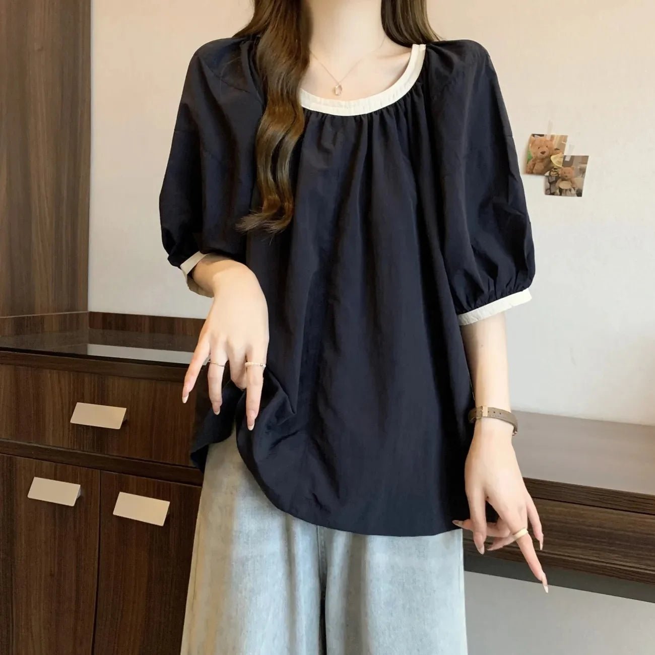 Contrast Color Puff Sleeve 2025 Summer Loose Women's Crewneck Fashionable Short Sleeve T-Shirt Slimming Women's Top - Zeprah