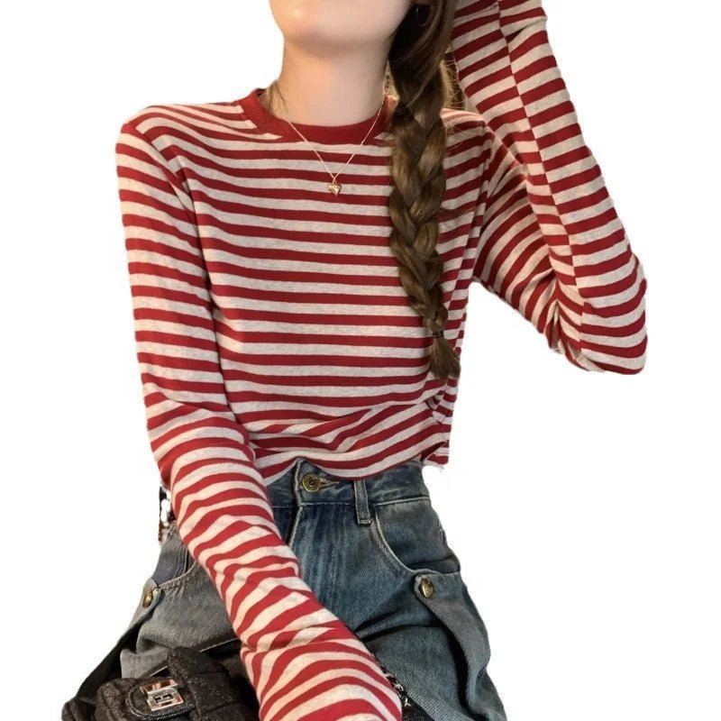 Contrast Color Striped Women's Long - sleeved T-shirt 2025 Autumn New Casual Slimming Short Top - Zeprah
