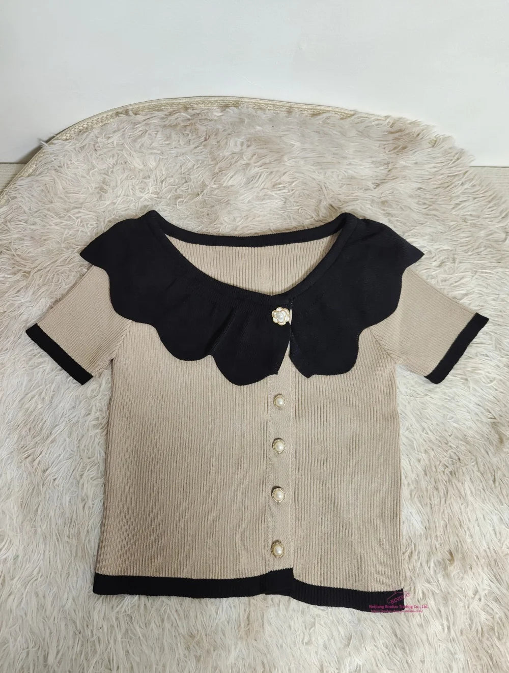 Contrasting Colors Graphic Tee Classic Ruffled Collar Tops for Women Comfortable Short - sleeved T-shirt - Zeprah