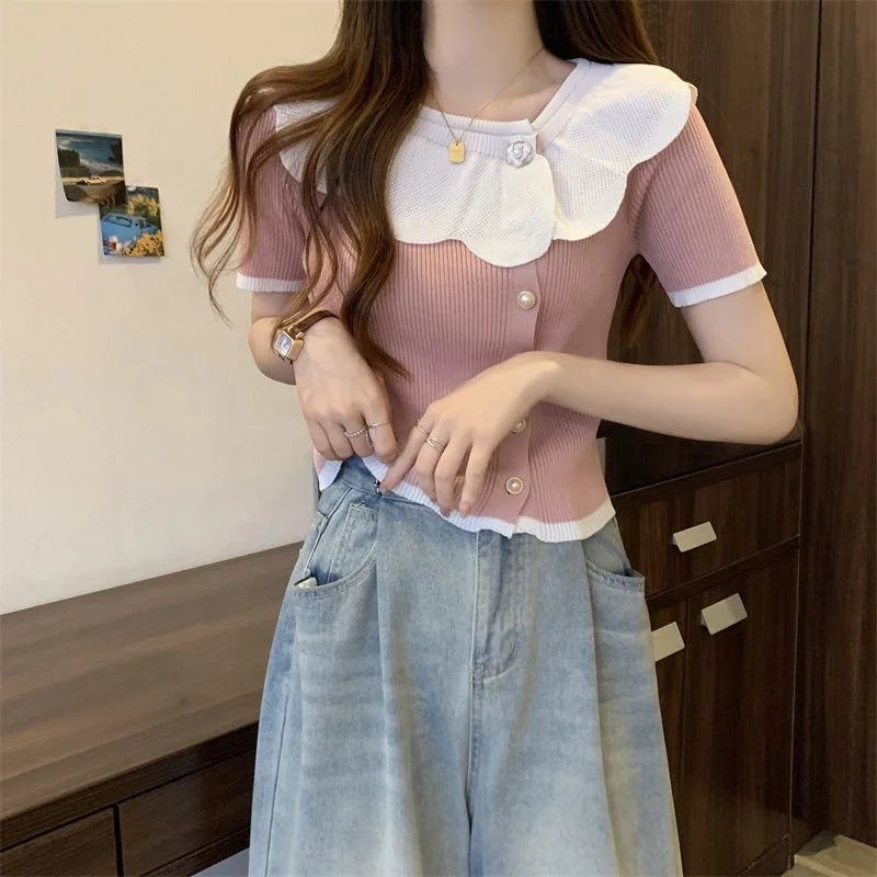 Contrasting Colors Graphic Tee Classic Ruffled Collar Tops for Women Comfortable Short - sleeved T-shirt - Zeprah