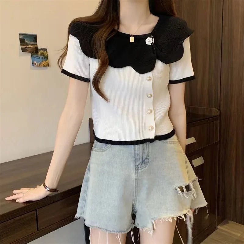 Contrasting Colors Graphic Tee Classic Ruffled Collar Tops for Women Comfortable Short - sleeved T-shirt - Zeprah