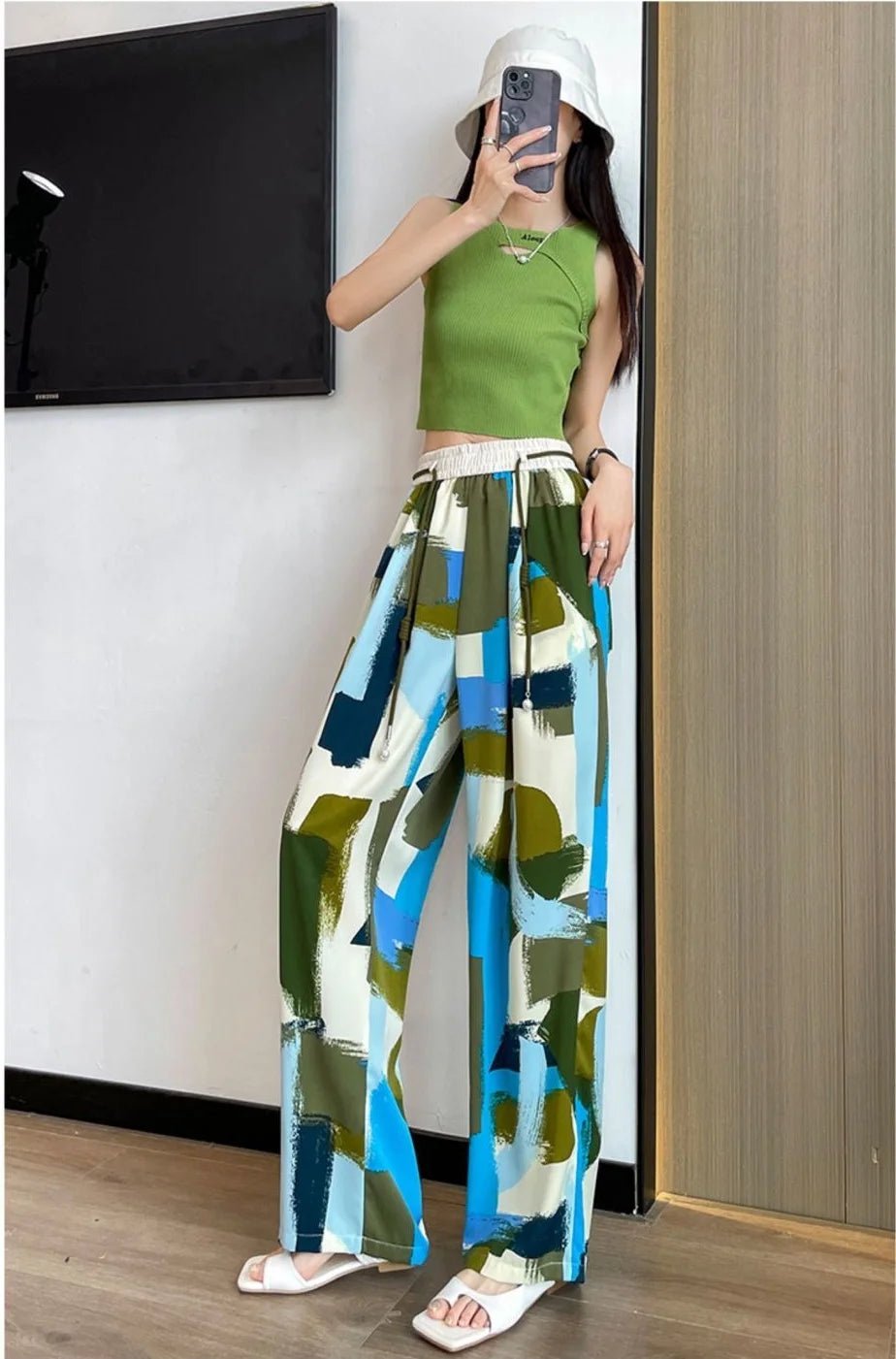 Contrasting Colors Wide - Leg Trousers Bright Colorful Summer Trousers Lightweight Slacks - Zeprah