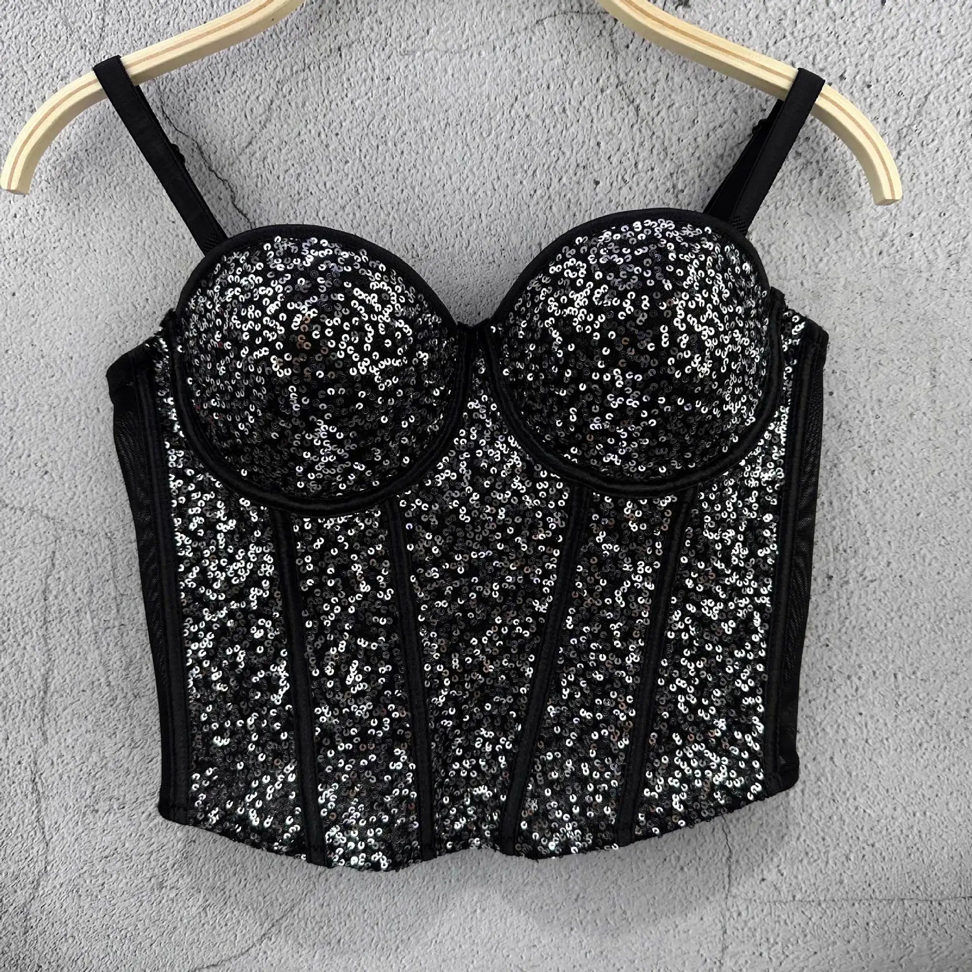 Coquette Style Boned Sequined Bandeau Top - Disco Crop Fitted Underwired Spaghetti Strap Women's Waist - Cinching Spring & Summer - Zeprah