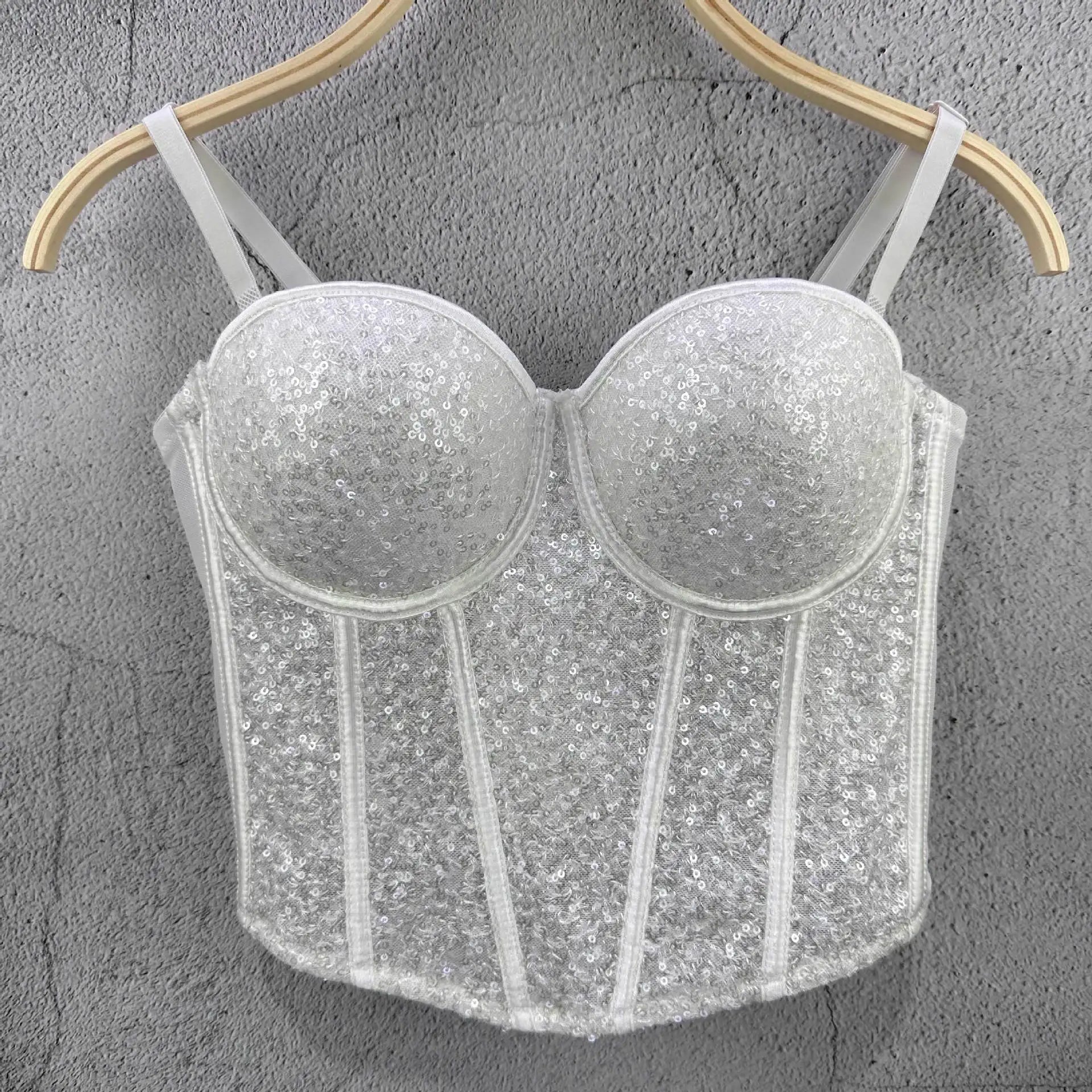 Coquette Style Boned Sequined Bandeau Top - Disco Crop Fitted Underwired Spaghetti Strap Women's Waist - Cinching Spring & Summer - Zeprah