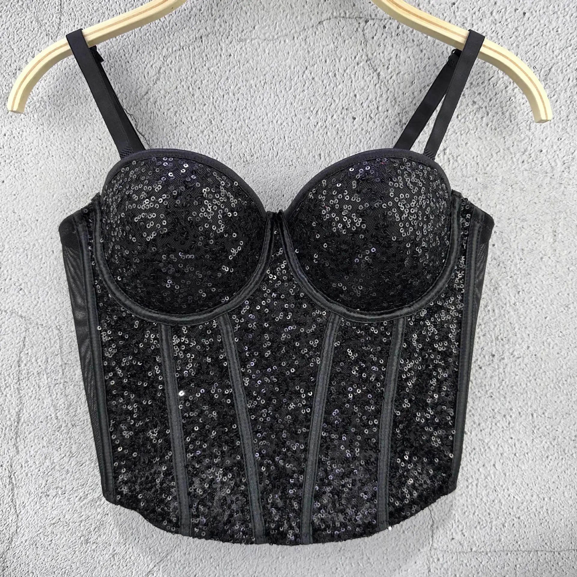 Coquette Style Boned Sequined Bandeau Top - Disco Crop Fitted Underwired Spaghetti Strap Women's Waist - Cinching Spring & Summer - Zeprah