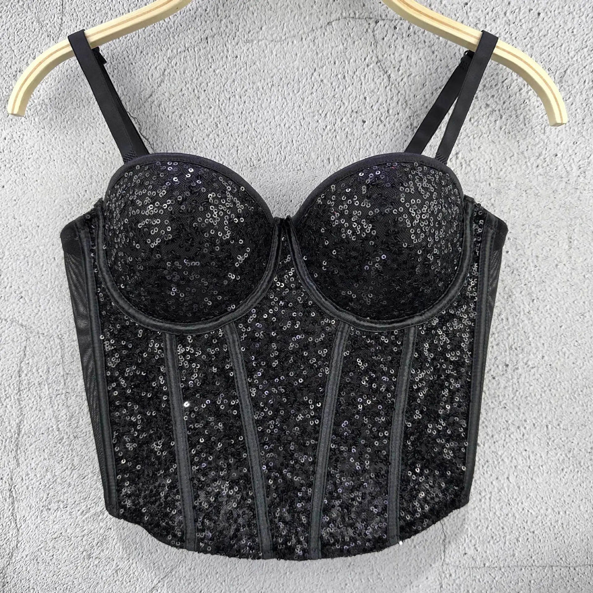 Coquette Style Boned Sequined Bandeau Top - Disco Crop Fitted Underwired Spaghetti Strap Women's Waist - Cinching Spring & Summer - Zeprah