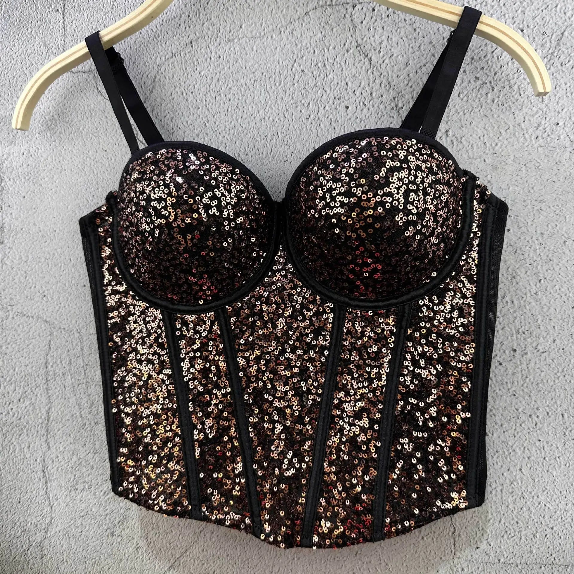 Coquette Style Boned Sequined Bandeau Top - Disco Crop Fitted Underwired Spaghetti Strap Women's Waist - Cinching Spring & Summer - Zeprah