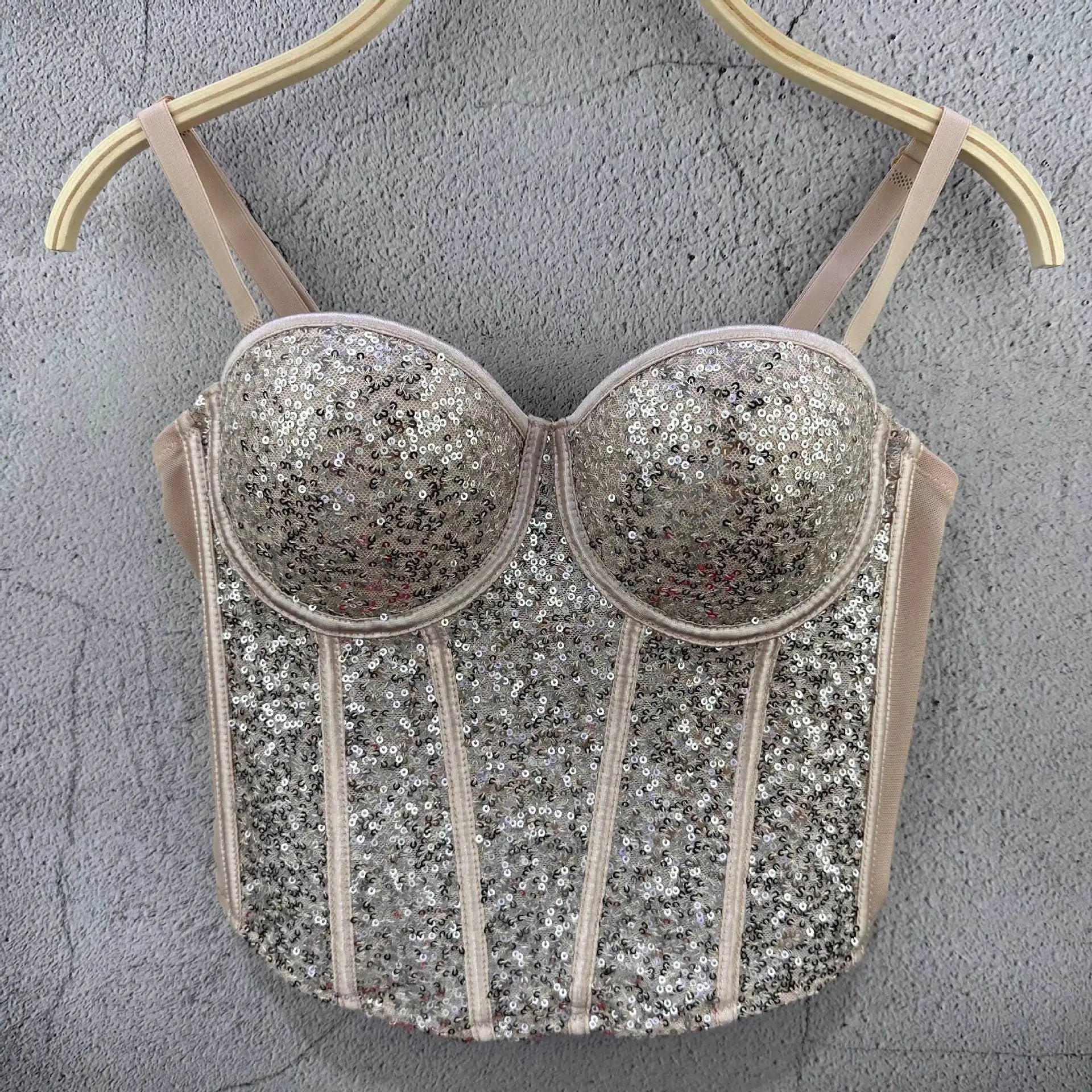 Coquette Style Boned Sequined Bandeau Top - Disco Crop Fitted Underwired Spaghetti Strap Women's Waist - Cinching Spring & Summer - Zeprah