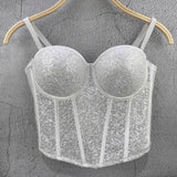 Coquette Style Boned Sequined Bandeau Top - Disco Crop Fitted Underwired Spaghetti Strap Women's Waist - Cinching Spring & Summer - Zeprah