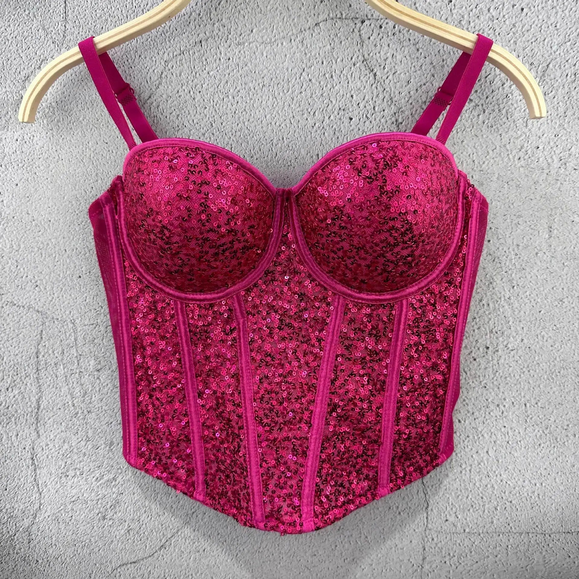 Coquette Style Boned Sequined Bandeau Top - Disco Crop Fitted Underwired Spaghetti Strap Women's Waist - Cinching Spring & Summer - Zeprah