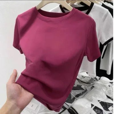Cotton Elastic Thread Casual Solid Color Short - sleeved Women's T-shirt New Slim - fit Base Shirt Top for Women - Zeprah