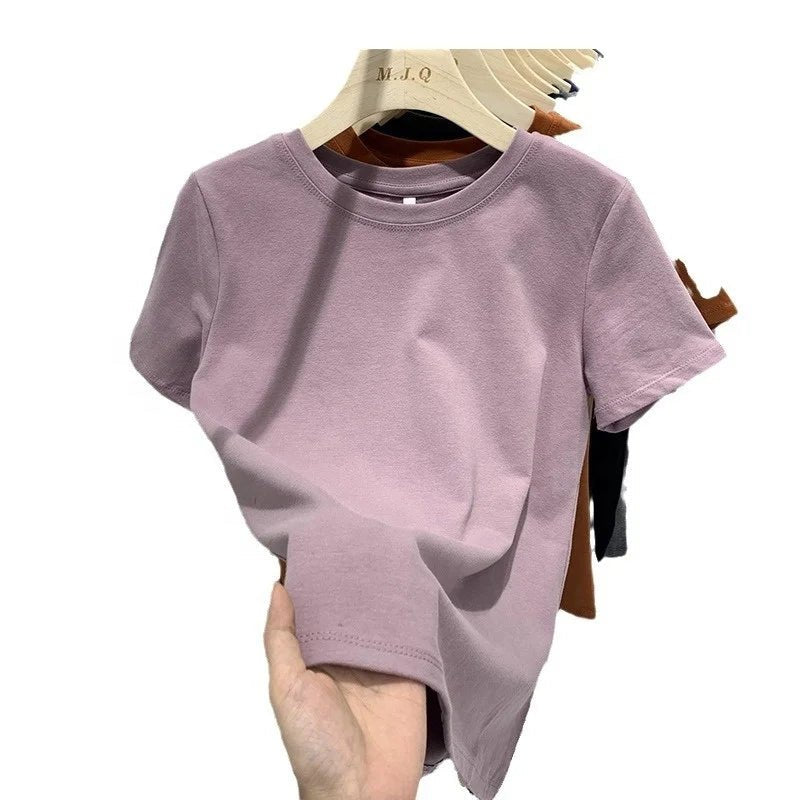 Cotton Elastic Thread Casual Solid Color Short - sleeved Women's T-shirt New Slim - fit Base Shirt Top for Women - Zeprah