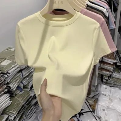 Cotton Elastic Thread Casual Solid Color Short - sleeved Women's T-shirt New Slim - fit Base Shirt Top for Women - Zeprah