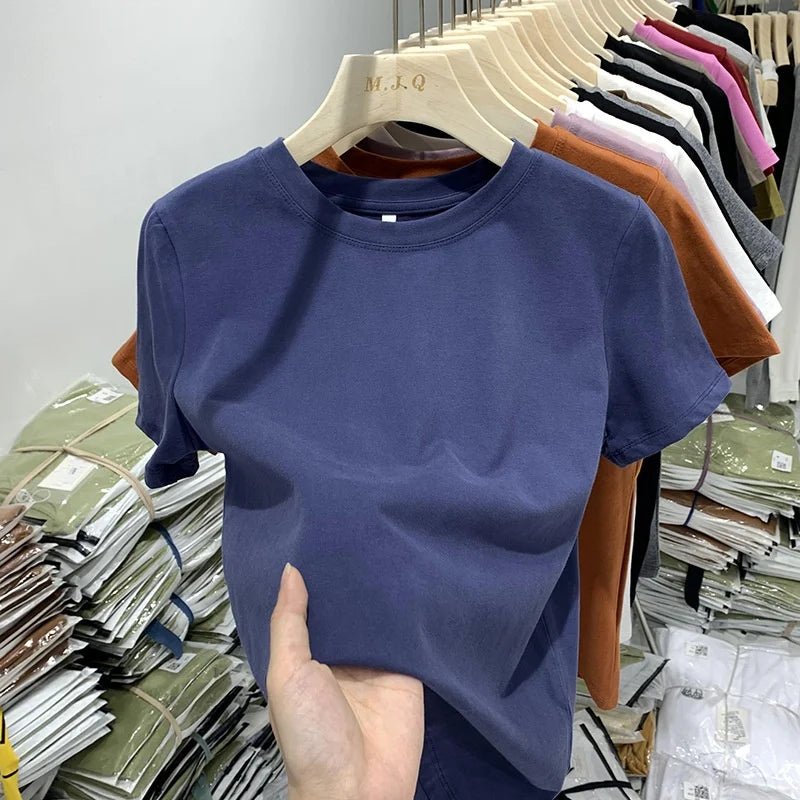 Cotton Elastic Thread Casual Solid Color Short - sleeved Women's T-shirt New Slim - fit Base Shirt Top for Women - Zeprah