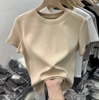 Cotton Elastic Thread Casual Solid Color Short - sleeved Women's T-shirt New Slim - fit Base Shirt Top for Women - Zeprah