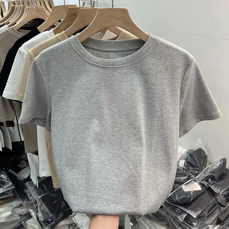 Cotton Elastic Thread Casual Solid Color Short - sleeved Women's T-shirt New Slim - fit Base Shirt Top for Women - Zeprah