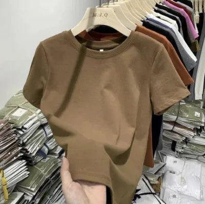 Cotton Elastic Thread Casual Solid Color Short - sleeved Women's T-shirt New Slim - fit Base Shirt Top for Women - Zeprah