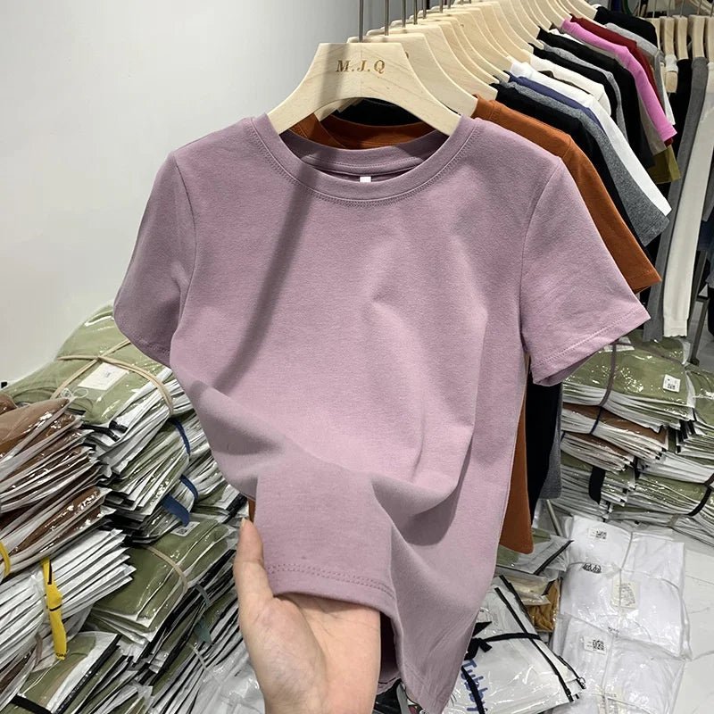 Cotton Elastic Thread Casual Solid Color Short - sleeved Women's T-shirt New Slim - fit Base Shirt Top for Women - Zeprah