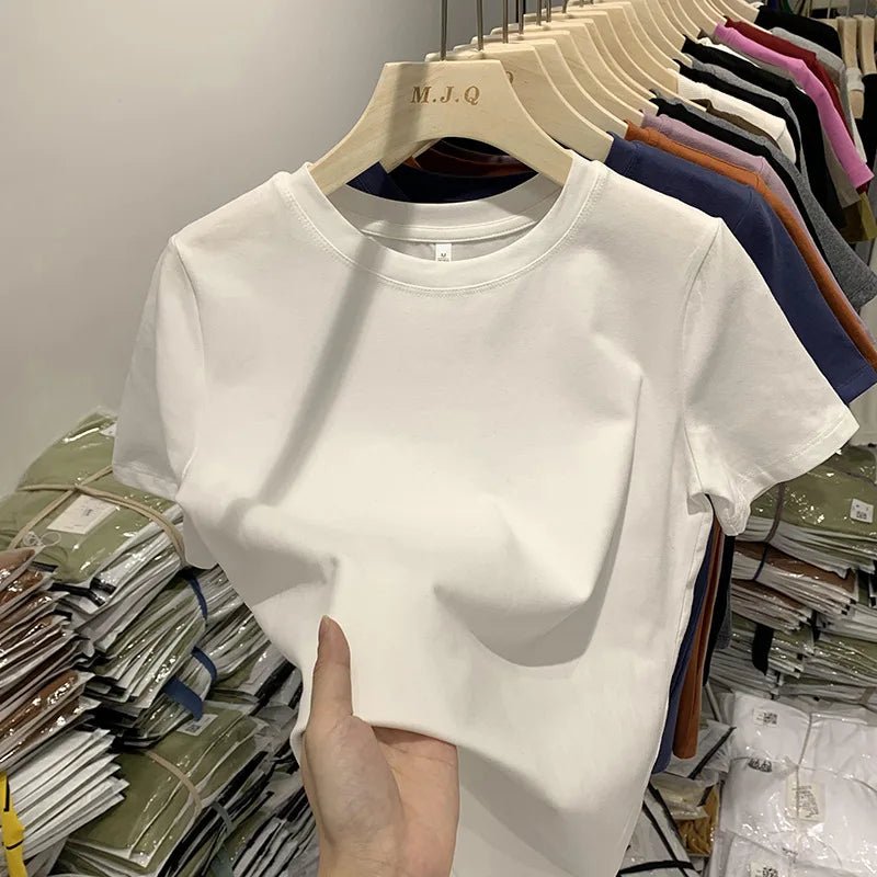 Cotton Elastic Thread Casual Solid Color Short - sleeved Women's T-shirt New Slim - fit Base Shirt Top for Women - Zeprah