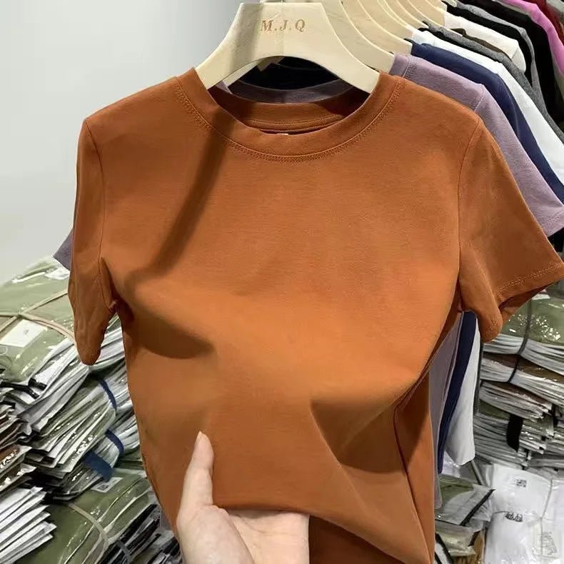 Cotton Elastic Thread Casual Solid Color Short - sleeved Women's T-shirt New Slim - fit Base Shirt Top for Women - Zeprah