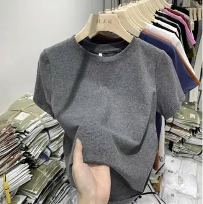 Cotton Elastic Thread Casual Solid Color Short - sleeved Women's T-shirt New Slim - fit Base Shirt Top for Women - Zeprah