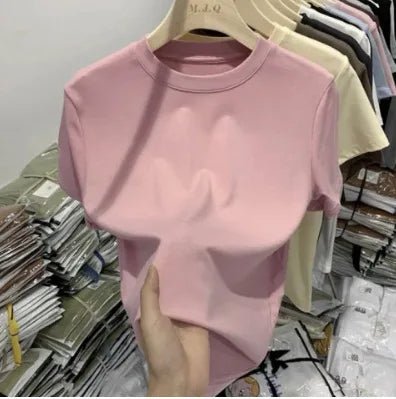 Cotton Elastic Thread Casual Solid Color Short - sleeved Women's T-shirt New Slim - fit Base Shirt Top for Women - Zeprah