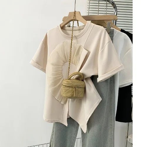 Cotton Short - sleeved T-shirt Women's Summer New Irregular Round Neck Loose Slim Top - Zeprah