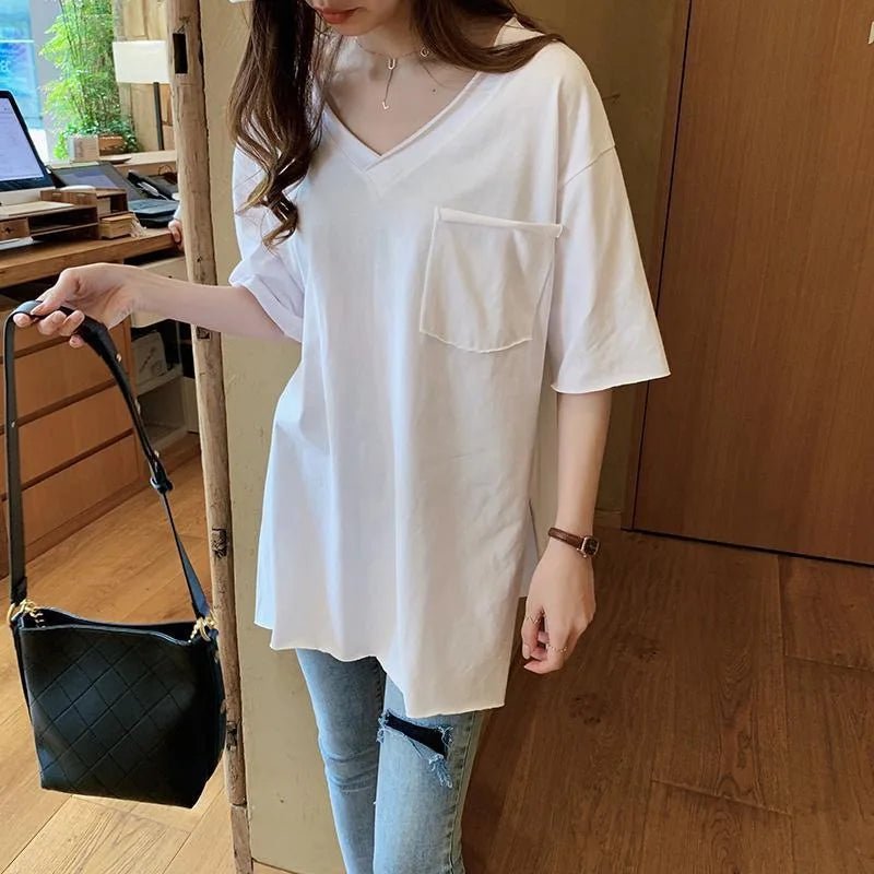 Cotton Summer Loose Curled Front Women's T-shirt Short Rear Long Short Sleeve V - neck T-shirt - Zeprah