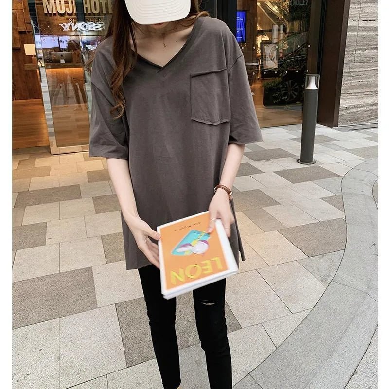 Cotton Summer Loose Curled Front Women's T-shirt Short Rear Long Short Sleeve V - neck T-shirt - Zeprah