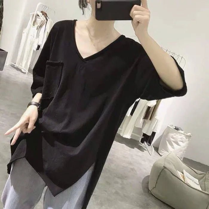 Cotton Summer Loose Curled Front Women's T-shirt Short Rear Long Short Sleeve V - neck T-shirt - Zeprah